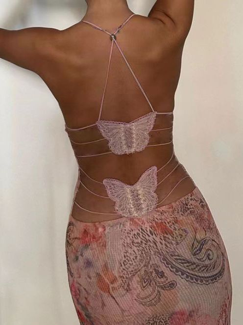 Floral Print Halter Spaghetti Straps Dress Sexy Slim Butterfly Back Dressess Spring Summer Womens Clothing - MANDOTOS