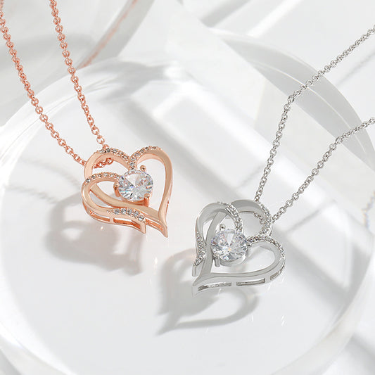 Zircon Double Love Necklace With Rhinestones Ins Personalized Heart-shaped Necklace Clavicle Chain Jewelry For Women Valentine's Day - MANDOTOS