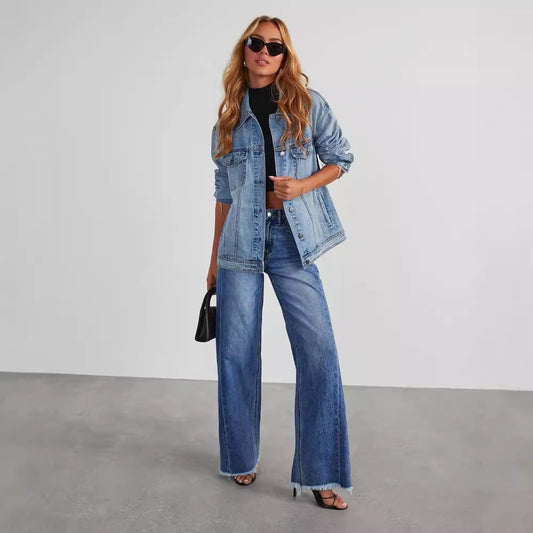 Fashion High Waist Jeans With Pockets Comfortable Slim Fit Straight Wide-leg Pants Womens Clothing - MANDOTOS