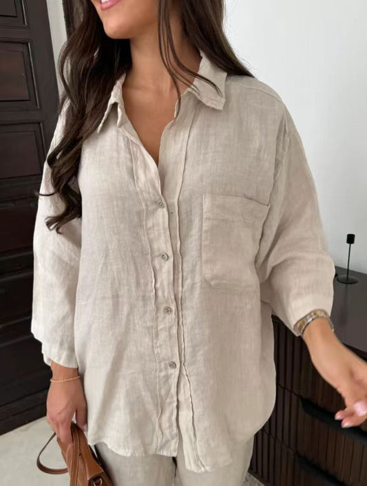Casual Polyester Pocket Shirt Pants Suitable For Women's Wide Leg Pants, Long Sleeved Shirt Set, Women's Loose High Street Two-piece Set - MANDOTOS