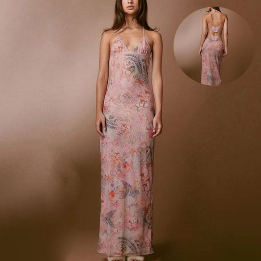 Floral Print Halter Spaghetti Straps Dress Sexy Slim Butterfly Back Dressess Spring Summer Womens Clothing - MANDOTOS