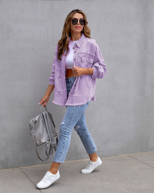 Fashion Ripped Shirt Jacket Female Autumn And Spring Casual Tops Womens Clothing - MANDOTOS