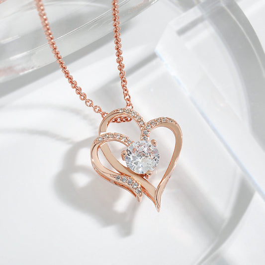 Zircon Double Love Necklace With Rhinestones Ins Personalized Heart-shaped Necklace Clavicle Chain Jewelry For Women Valentine's Day - MANDOTOS
