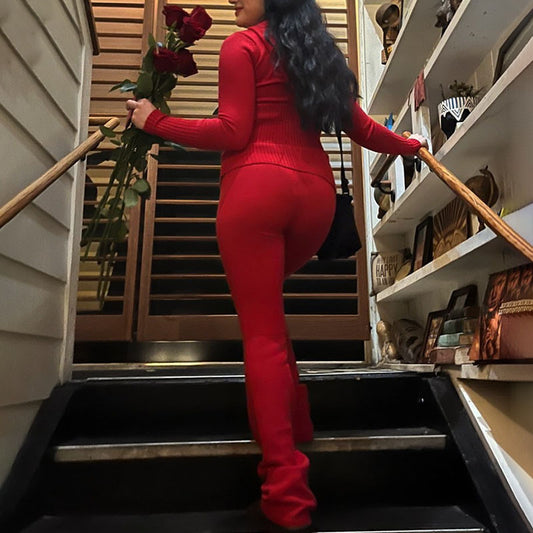 Hoodie Suit Women Leisure Sexy Zip Long Sleeve Sweater And High Waist Long Pants Set - MANDOTOS