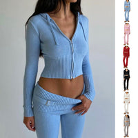 Hoodie Suit Women Leisure Sexy Zip Long Sleeve Sweater And High Waist Long Pants Set - MANDOTOS