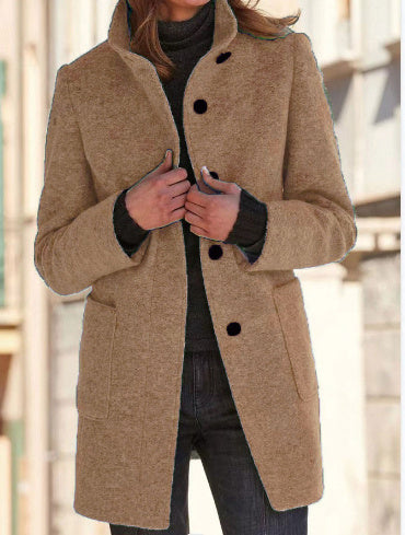 Fashion Stand Collar Woolen Coat With Pockets Fall Winter Casual Button Outwear For Women Clothing - MANDOTOS