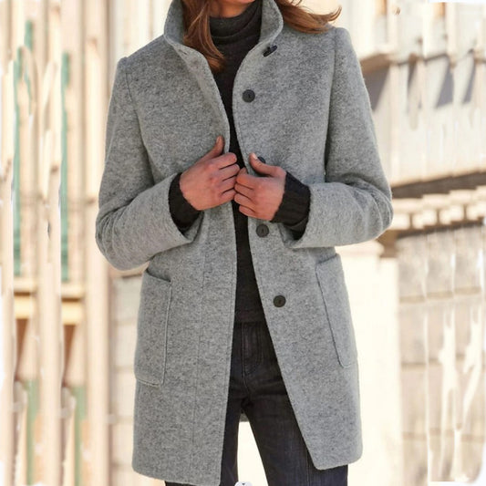 Fashion Stand Collar Woolen Coat With Pockets Fall Winter Casual Button Outwear For Women Clothing - MANDOTOS