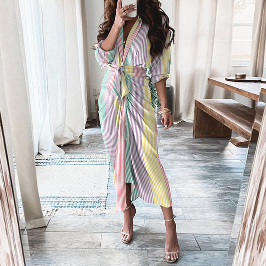 European And American Print Long-Sleeved Lace-Up Single-Breasted Shirt Dress - MANDOTOS