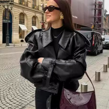 Loose Lapel Leather Jacket Fashion Cropped Tops Streetwear For Womens Clothing - MANDOTOS