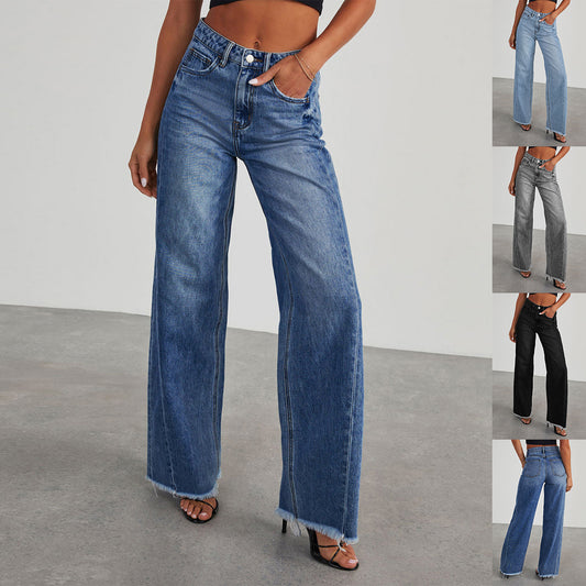 Fashion High Waist Jeans With Pockets Comfortable Slim Fit Straight Wide-leg Pants Womens Clothing - MANDOTOS