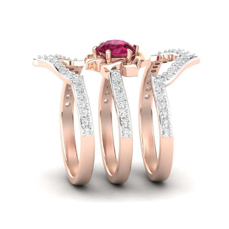 Exquisite Rose Gold Flower Ring Anniversary Proposal Jewelry Women Engagement Wedding Band Ring Set - MANDOTOS