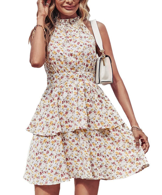 Summer Printed Halter Dress Fashion Boho Backless Ruffled A-Line Beach Dresses For Womens Clothing - MANDOTOS