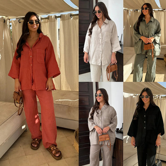 Casual Polyester Pocket Shirt Pants Suitable For Women's Wide Leg Pants, Long Sleeved Shirt Set, Women's Loose High Street Two-piece Set - MANDOTOS