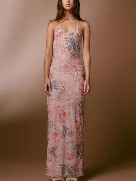 Floral Print Halter Spaghetti Straps Dress Sexy Slim Butterfly Back Dressess Spring Summer Womens Clothing - MANDOTOS