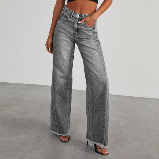 Fashion High Waist Jeans With Pockets Comfortable Slim Fit Straight Wide-leg Pants Womens Clothing - MANDOTOS