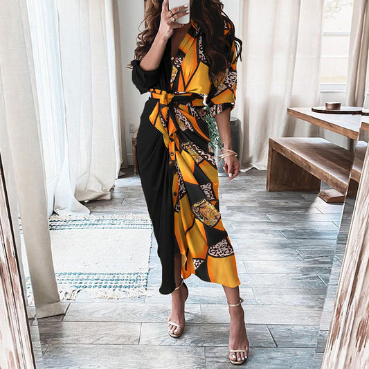 European And American Print Long-Sleeved Lace-Up Single-Breasted Shirt Dress - MANDOTOS