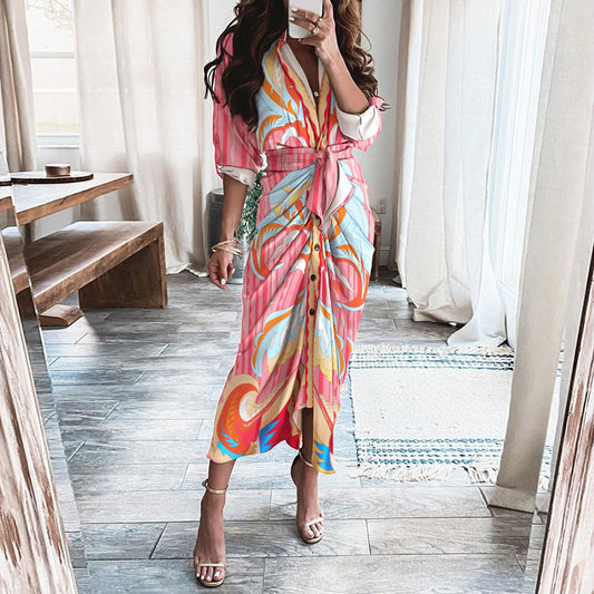 European And American Print Long-Sleeved Lace-Up Single-Breasted Shirt Dress - MANDOTOS