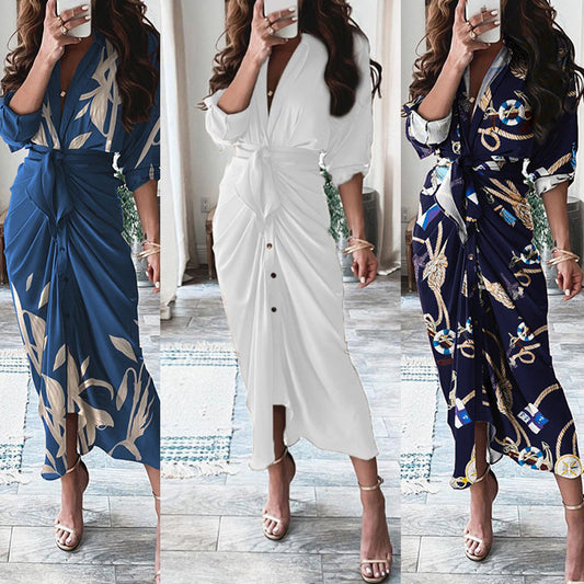 European And American Print Long-Sleeved Lace-Up Single-Breasted Shirt Dress - MANDOTOS
