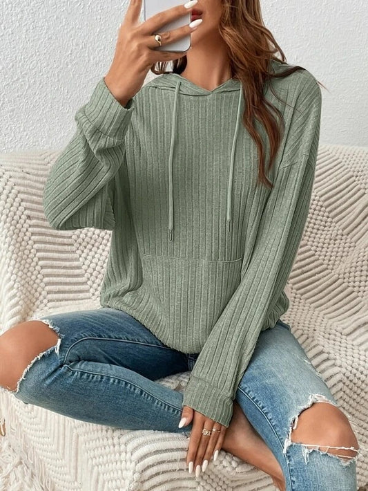 Fashion Drawstring Long-sleeved Hooded Sweatshirt With Pockets Solid Sunken Stripe Hoodie Knitwear Womens Clothing - MANDOTOS