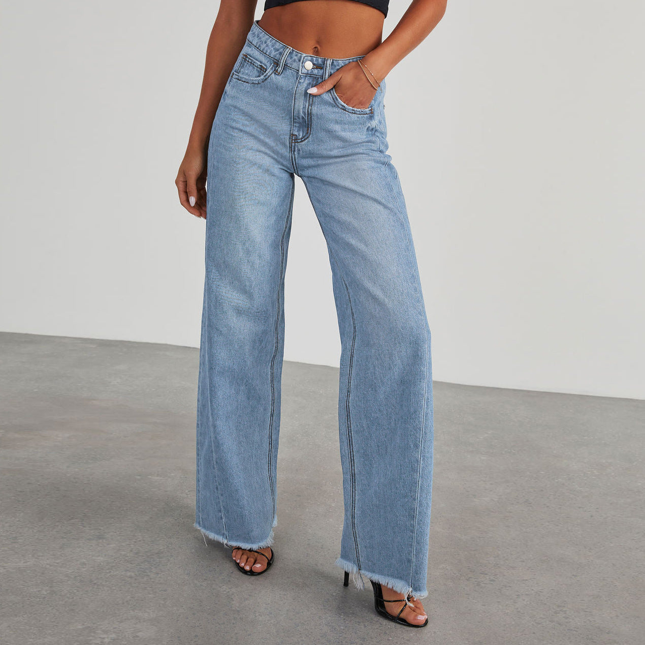Fashion High Waist Jeans With Pockets Comfortable Slim Fit Straight Wide-leg Pants Womens Clothing - MANDOTOS