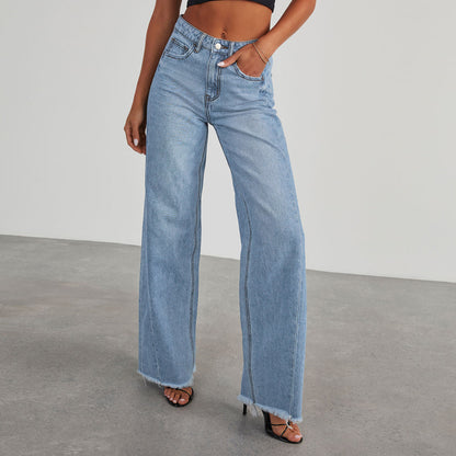Fashion High Waist Jeans With Pockets Comfortable Slim Fit Straight Wide-leg Pants Womens Clothing - MANDOTOS