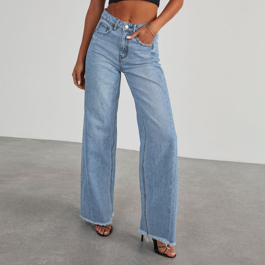 Fashion High Waist Jeans With Pockets Comfortable Slim Fit Straight Wide-leg Pants Womens Clothing - MANDOTOS