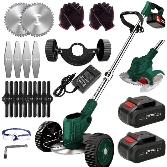 Cordless Lawn Trimmer Weed Wacker Lawn Mower Grass Edger with 2 Li-Ion Batteries Powered & 3 Cutting Blade Types - MANDOTOS