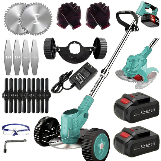 Cordless Lawn Trimmer Weed Wacker Lawn Mower Grass Edger with 2 Li-Ion Batteries Powered & 3 Cutting Blade Types - MANDOTOS