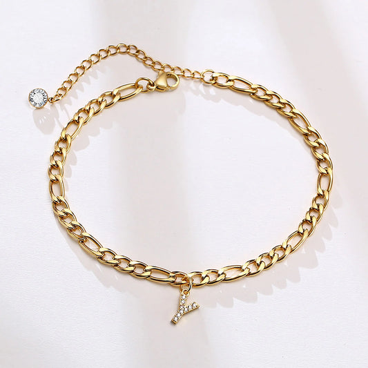 Crystal A-Z Letter Initial Anklets Bracelet for Women ,Cuban Link Anklet Stainless Steel Beach Leg Foot Chains Wholesale - MANDOTOS