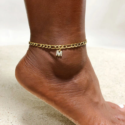 Crystal A-Z Letter Initial Anklets Bracelet for Women ,Cuban Link Anklet Stainless Steel Beach Leg Foot Chains Wholesale - MANDOTOS