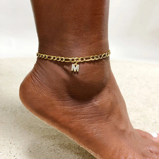 Crystal A-Z Letter Initial Anklets Bracelet for Women ,Cuban Link Anklet Stainless Steel Beach Leg Foot Chains Wholesale - MANDOTOS