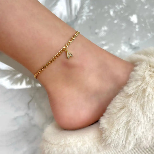 Crystal A-Z Letter Initial Anklets Bracelet for Women ,Cuban Link Anklet Stainless Steel Beach Leg Foot Chains Wholesale - MANDOTOS
