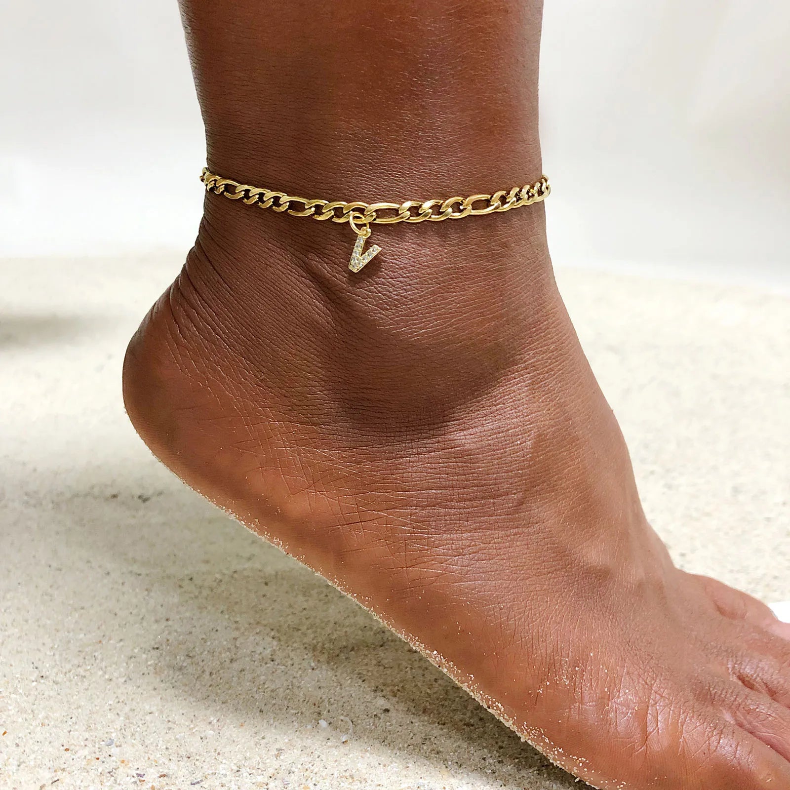 Crystal A-Z Letter Initial Anklets Bracelet for Women ,Cuban Link Anklet Stainless Steel Beach Leg Foot Chains Wholesale - MANDOTOS