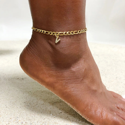 Crystal A-Z Letter Initial Anklets Bracelet for Women ,Cuban Link Anklet Stainless Steel Beach Leg Foot Chains Wholesale - MANDOTOS