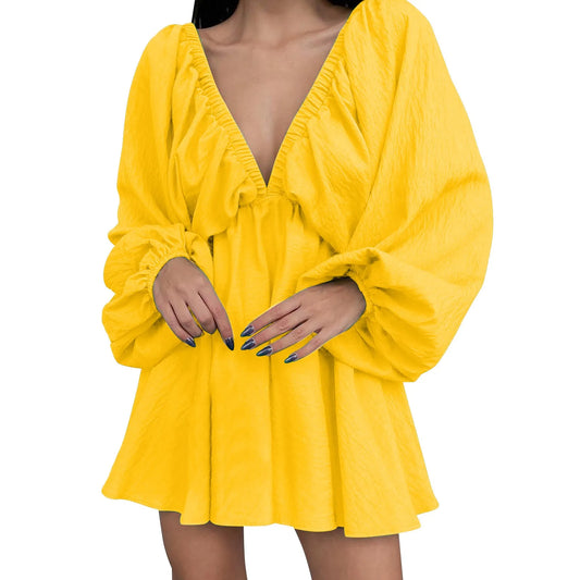 Deep V Neck Sexy Dress Temperament Retro Solid Color Pleated Dress Elegant Long Sleeve Large Size Casual Womens Dresses ropa - MANDOTOS