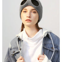 Brimless Hat With Goggles For Men And Women In Winter Hat Neutral Solid Color Skull Knitted Hat In Winter - MANDOTOS
