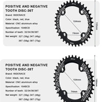 RIDERACE Bicycle Crank Chainring 104BCD Round Shape Narrow Wide 32T/34T/36T/38T Mountain Bike Crankset Chainwheel Single Plate