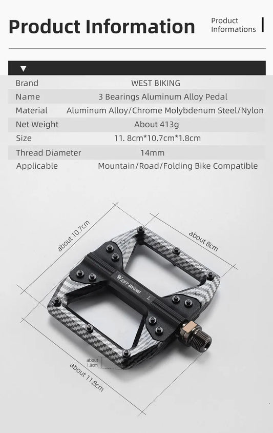 WEST BIKING MTB Integrated Pedals 3 Bearing Ultralight Flat Pedals Aluminum Alloy Nylon Carbon Fiber Coating Specialized Pedals