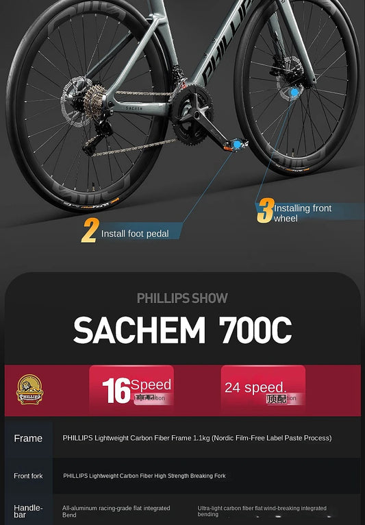 2025 New Ultra-Light Carbon Fiber Road Bike Fast Racing Bicycle with Hydraulic Disc Brakes 16/24-Speed Gear Shift Drop Handlebar