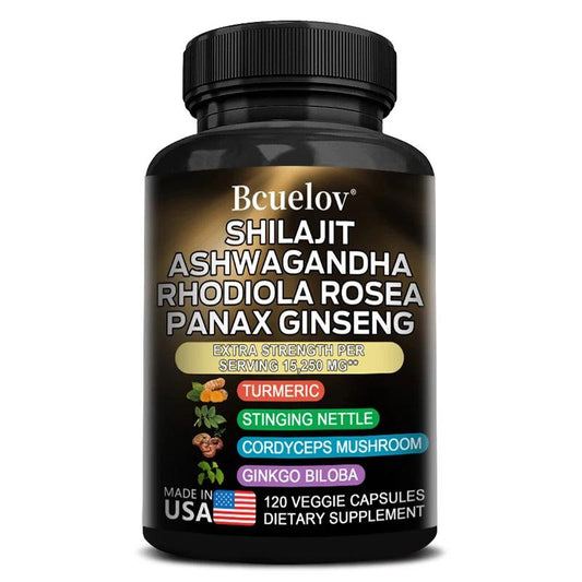 Shilajit Resin Himalaya Capsules - 15250 mg - Combination of Ashwagandha, Ginseng, Cordyceps, Ginkgo, Turmeric - MANDOTOS