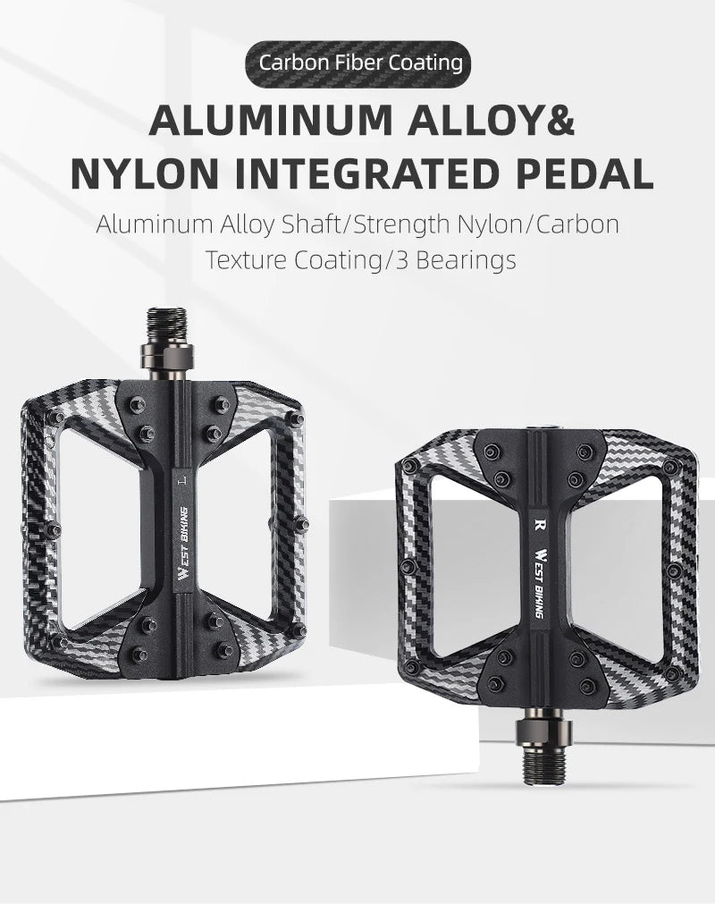 WEST BIKING MTB Integrated Pedals 3 Bearing Ultralight Flat Pedals Aluminum Alloy Nylon Carbon Fiber Coating Specialized Pedals