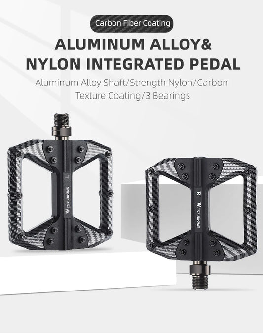WEST BIKING MTB Integrated Pedals 3 Bearing Ultralight Flat Pedals Aluminum Alloy Nylon Carbon Fiber Coating Specialized Pedals