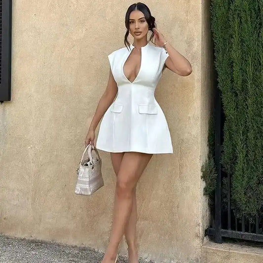 Townlike Pocket Elegant A-line Dress Women Mini 2024 Spring Summer Dress Deep V Neck Nightclub Sexy Party Dresses Vestidos - MANDOTOS