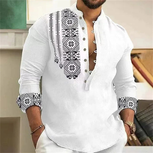 Linen shirt men's top cardigan button fashion trend pattern slim fit comfortable soft new retro top 2024 new plus size 6XL - MANDOTOS