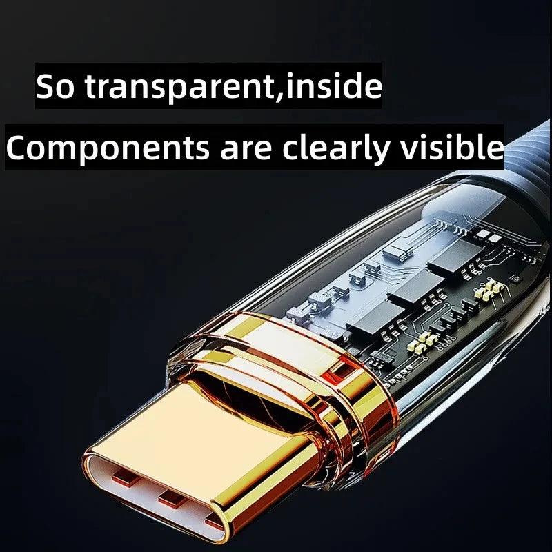 Clear view of the 120W USB To Type C Cable Super Fast Charging Data Cord for Xiaomi 12, Samsung S23, and Huawei devices.