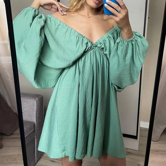 Deep V Neck Sexy Dress Temperament Retro Solid Color Pleated Dress Elegant Long Sleeve Large Size Casual Womens Dresses ropa - MANDOTOS