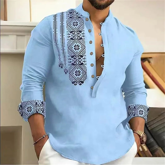 Linen shirt men's top cardigan button fashion trend pattern slim fit comfortable soft new retro top 2024 new plus size 6XL - MANDOTOS