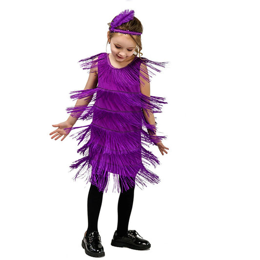 Girl Party Dress Girls Flapper Dress Carnival Sequins Fringe Latin Dance Dress Tassel Tango Dress Ballroom Costume With Feather - MANDOTOS