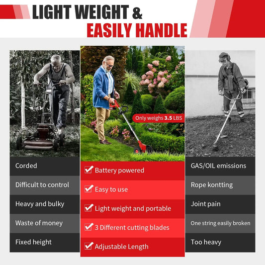 Cordless Lawn Trimmer Weed Wacker Lawn Mower Grass Edger with 2 Li-Ion Batteries Powered & 3 Cutting Blade Types - MANDOTOS