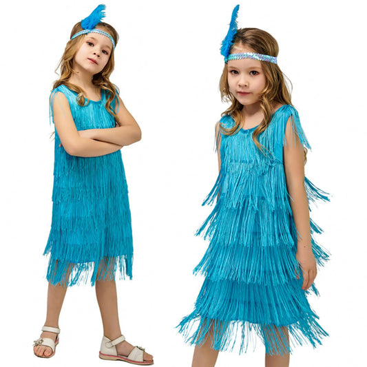 Girl Party Dress Girls Flapper Dress Carnival Sequins Fringe Latin Dance Dress Tassel Tango Dress Ballroom Costume With Feather - MANDOTOS